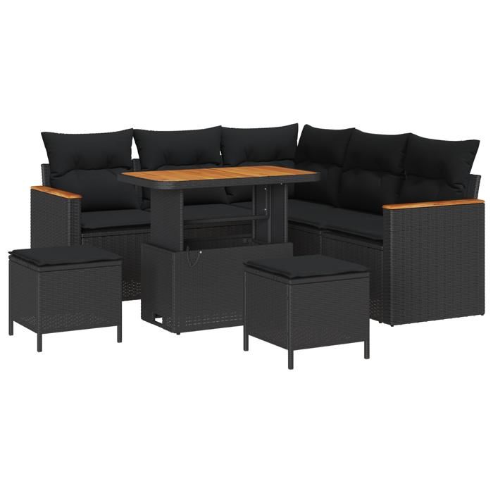 Ensemble de canapés de jardin de 8 pièces avec coussins noir rattan poly acacia, Ensemble de salle à manger de jardin de 3 3363044