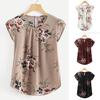 Women Casual Round Neck Basic Floral Pleated Top Cap Short Sleeve Shirt Blouse