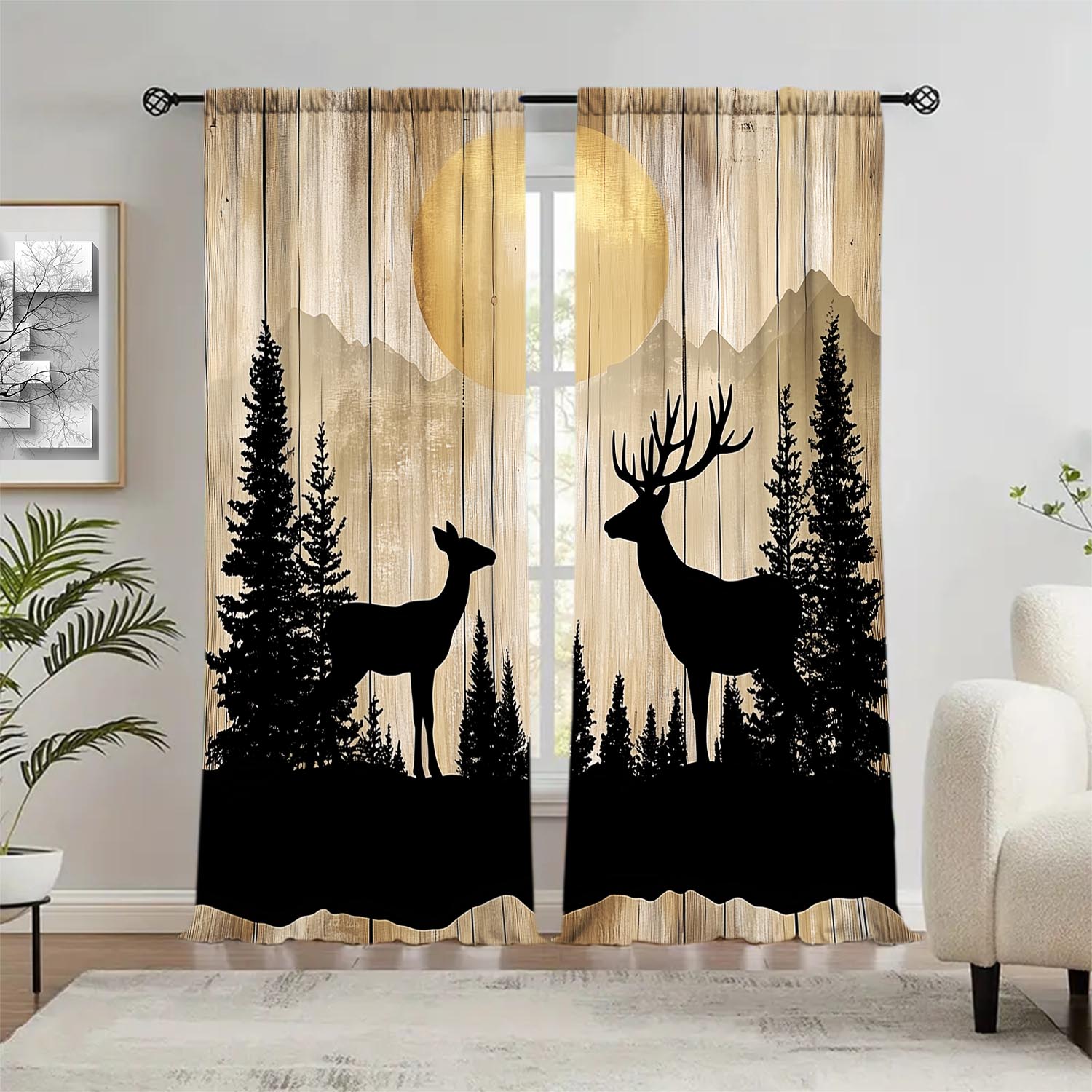 

Set Of 2 Nordic Elk Forest Silhouette Curtains Suitable Decorating Various Room Types Curtain Polyester W100*H70(CM)-Grommet top&1PCS