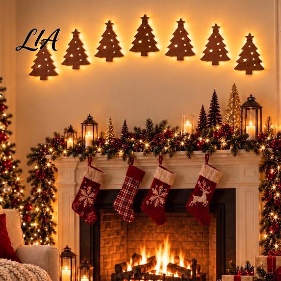 Christmas Atmosphere Ambient Light 7PCS Wooden Wall Lights, Warm LED Backlight Glowing Silhouette Decorative Elk Figures Pendants, Rustic Style