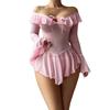 Women Lingerie Chemise Nightdress Solid Color See-Through Ruffles Dress Nightgown Sleepwear Slips Nightie with Thong