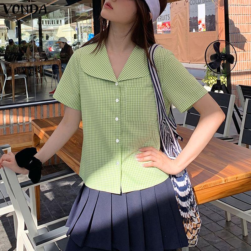 VONDA Summer Women Lapel Neck Short Sleeve Plaid Cute Casual Blouse Tops