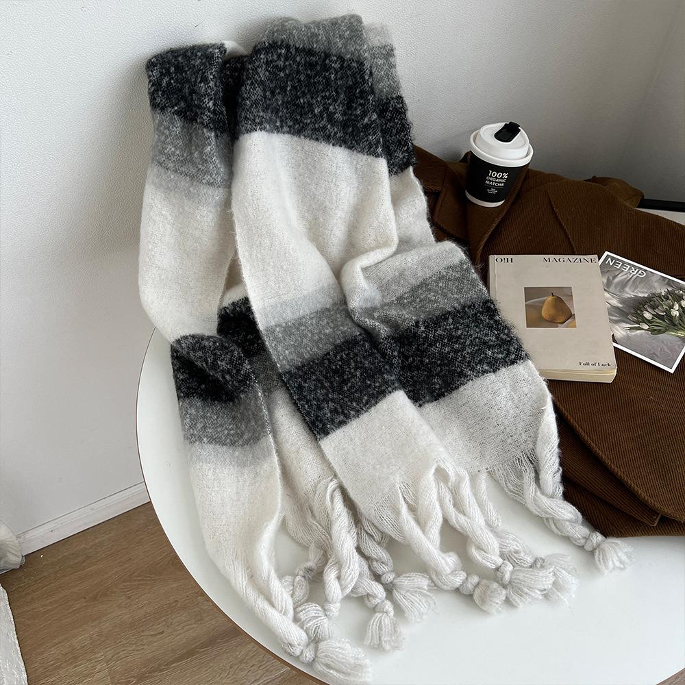 Winter New Mohair Striped Women Scarf Girls Female Warm Thickened Long Scarves Soft Coarse Braid Tassel Shawl Retro Wrap Shawls