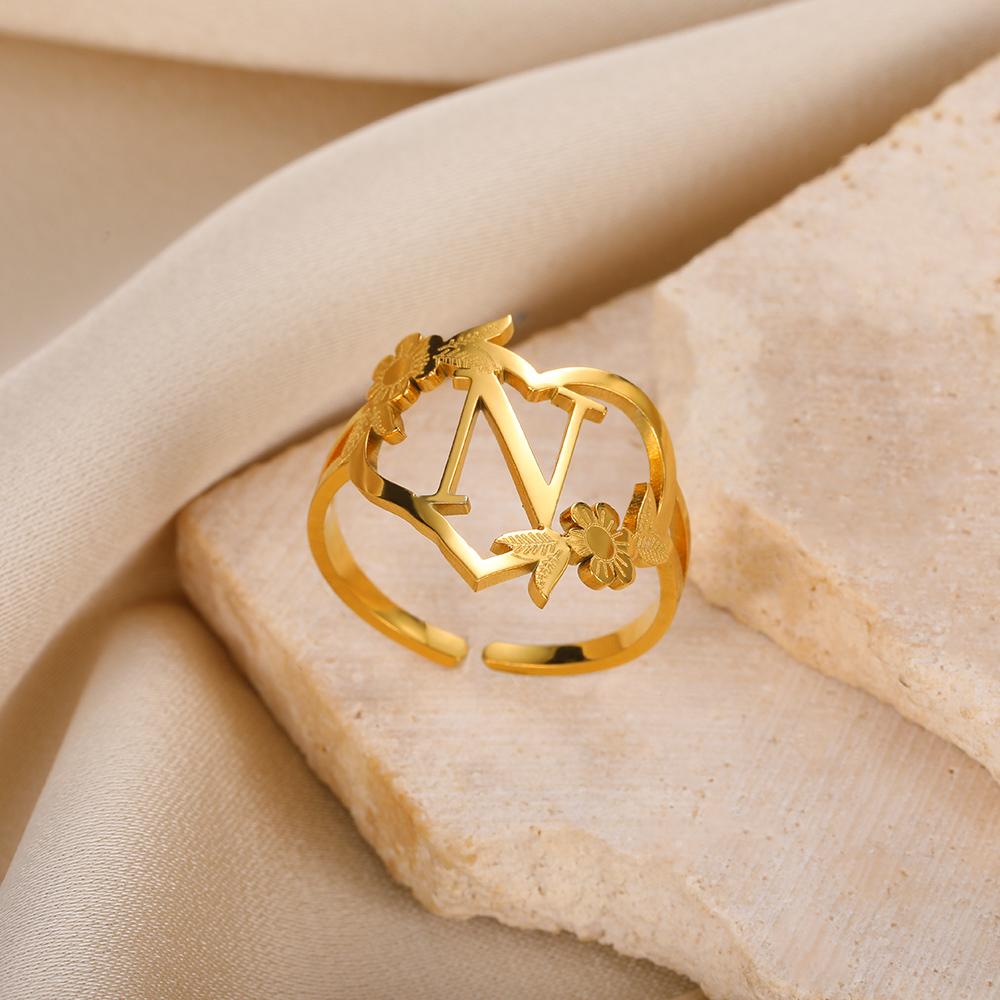 Stainless Steel Initials Flower Heart Rings Gold Color Adjustable Delicate Letter Leaf Rings For Women Girl Alphabet Jewelry KTJ