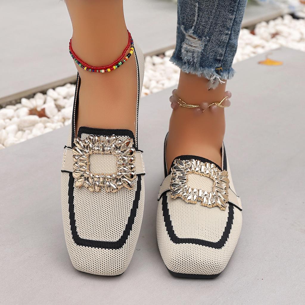 Ladies' Casual Square Toe Flat Shoes with Crystal Buckle Decoration, Breathable Fabric for One Foot Shoes, Rubber Sole, Suitable for All Seasons