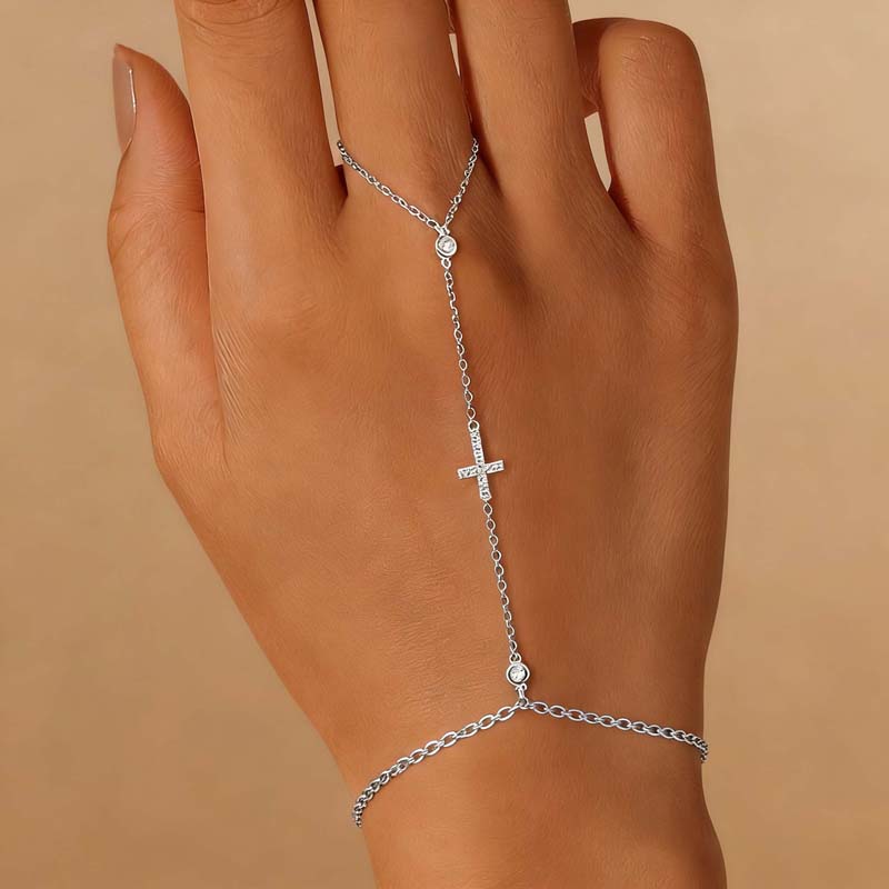 Fashion Metal Cross Finger Ring Bracelet for Women Exquisite Crystal Zircon Bead Link Chain Hand Bangles Wedding Jewelry Gift