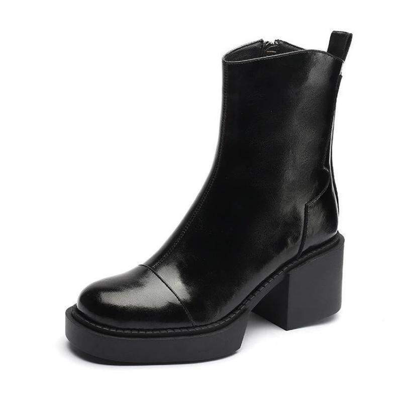 Vintage warme Damenstiefel mit dicker Sohle, Winter-Kurzstiefel mit hohen Absätzen aus weichem Leder, stilvolle Stiefel mit Blockabsatz