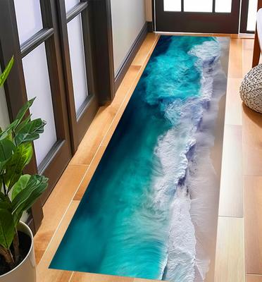 Covor Ocean Wave Runner Albastru Model Mare Bază de Bumbac Anti-Alunecare Covor Decorare Casă