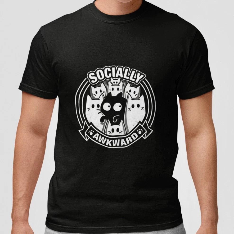 Socially Awkward Cat T Shirt Funny Introvert Cartoon Graphic Unisex Tee XXXL
