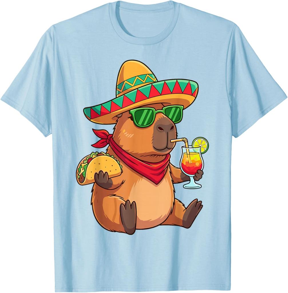 Capybara Sombrero Taco Drink Summer Fiesta Graphic Tee Shirt Casual Breathable Men