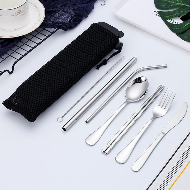 Portable Travel Cutlery Set Stainless Steel Tableware Storage Box Bag Kitchen Home Dinnerware Straw Chopstick Spoon Fork
