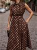 European Sleeveless Polka Dot Retro Dress with Lapel and Faux Button Lace-up Design