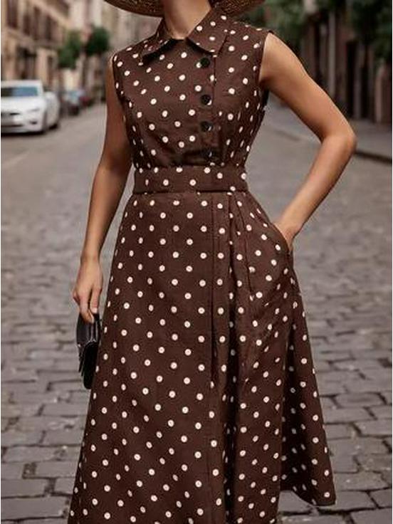 European Sleeveless Polka Dot Retro Dress with Lapel and Faux Button Lace-up Design