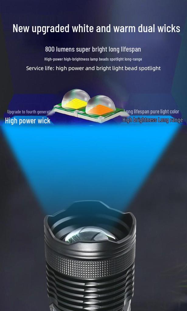 High-Brightness Long-Range Rechargeable LED Zoom Flashlight with White Laser and Digital Display for Outdoor Use