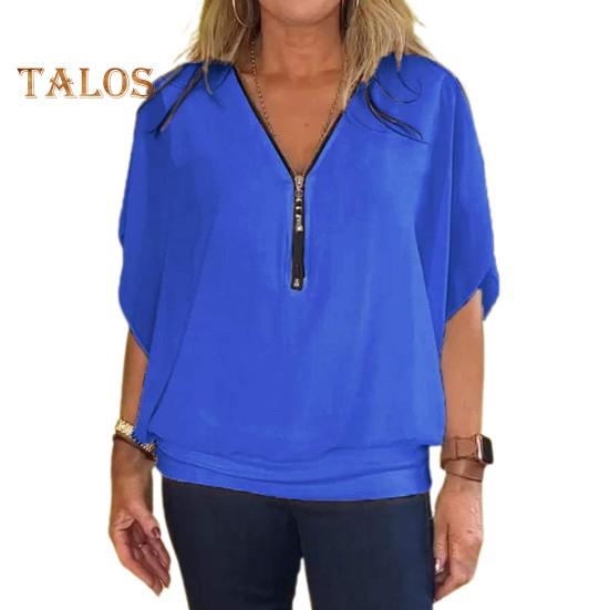 Naiste šifoonpluus V-kaelusega tõmblukk, poolpluus, varrukad, pullover, ühevärvilised vabaaja topid