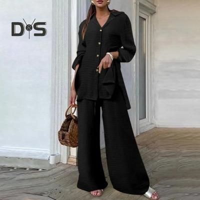 2 τμχ/Σετ Γυναικείο Πουκάμισο Παντελόνι Σετ Μονόχρωμο Γριπτό γιακά Μακρυμάνικο Μεσαίο Πάνω Φαρδύ πόδι Ελαστική μέση Φαρδύ Παντελόνι Commute Ρούχα Μπλούζα