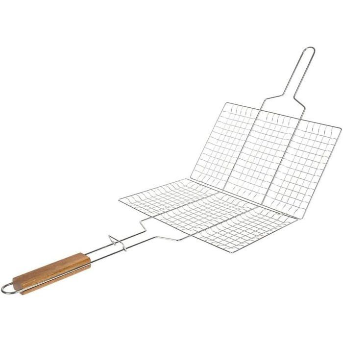 Matériau : Acier chromé,Double grille avec fermeture Manche : Bois ergonomique Utilisation : Barbecue à charbon, gaz ou électrique.