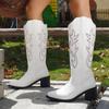 Mode Herbst und Winter Hochhackige Mid-Calf Stiefel für Damen Mode Spitz Zehen Blockabsatz Stickerei Western Cowboy Stiefel Botas Mujer