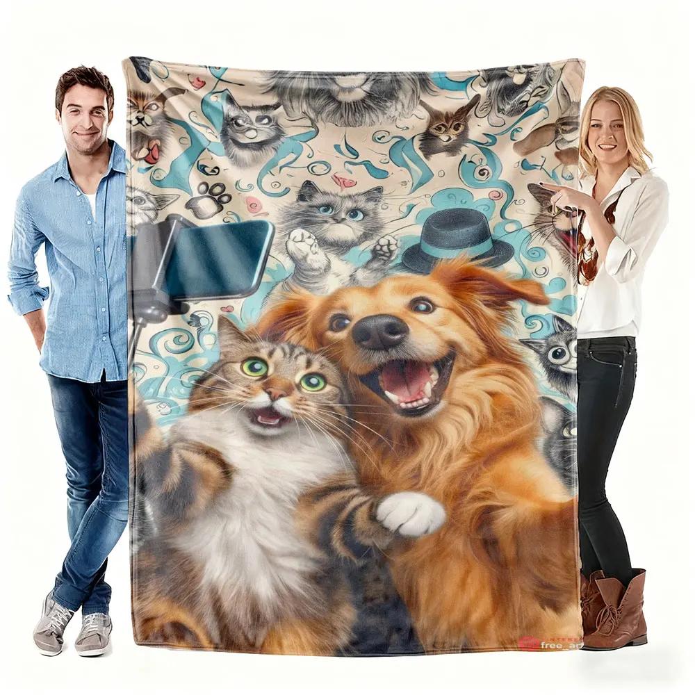 Cute Dog Cat Pattern Flannel printed blanket suitable for all seasons suitable for living room office sofa and travel