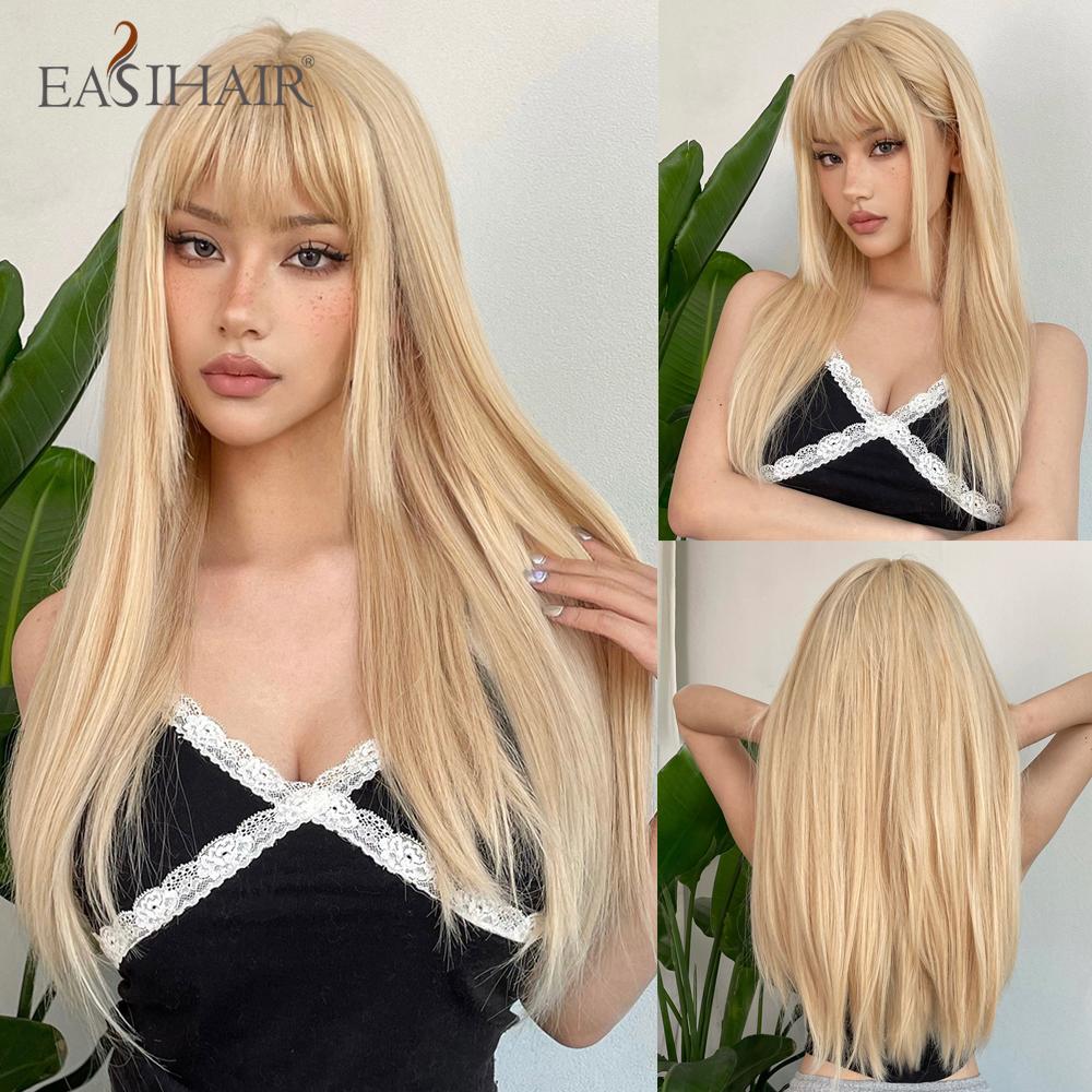 Synthetic Layered Wig Long Rose Gold Straight Wigs with Bangs Blonde Cosplay Party Natural Hair Wigs for Women Heat Resistant