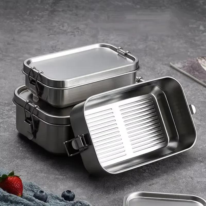 304 Stainless Steel Lunch Box with Bamboo Wooden Lid Japanese Style Bento Box Portable Leak-Proof Picnic Food Storage Container