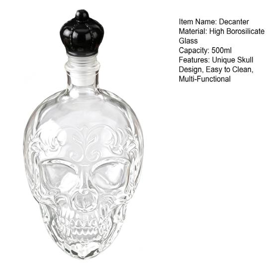 Decantador de Uísque Caveira, Garrafa de Vidro Gótica de 500ml com Rolha, Dispensador de Espírito de Halloween para Bar Doméstico, Decantador de Bebida Assustador Presente