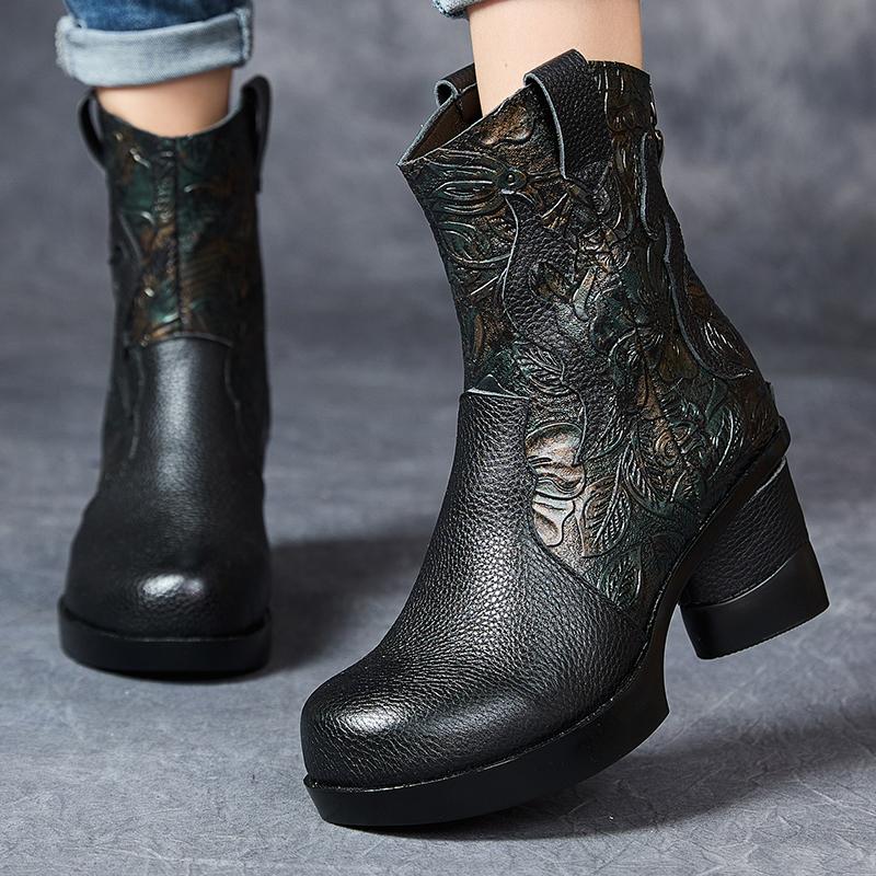 Soft Genuine Leather Mid Calf Boots Winter Autumn High Heels Platform British Booties Woman New Ladies Chunky Motorcycle Boots