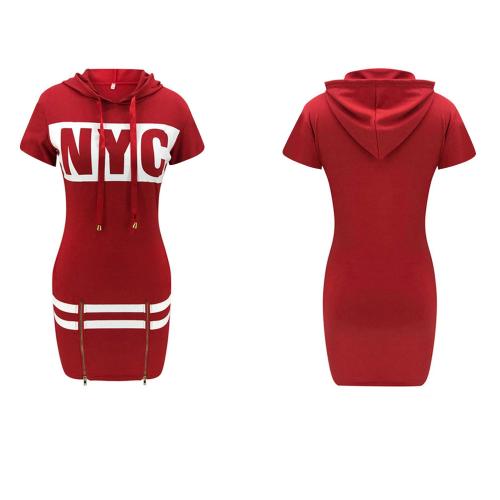 Frauen Mode Brief Muster Hoodie Casual Kurzarm Kordelzug Zipper Hoody Bodycon Kurzes Kleid