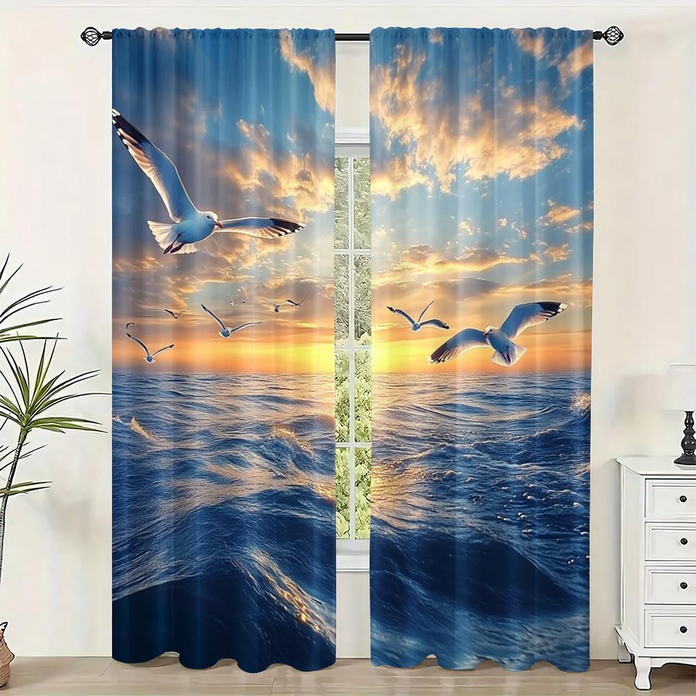 

2 шт., Океанские шторы и чайки 100% полиэстер, Без электричества Настенный декор для использования в помещении 29x65in(75x166cm)