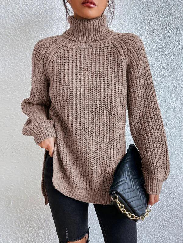 2026 Autumn/Winter Women's Knitted Mid-Length Raglan Sleeve High Turtleneck Slit Sweater Dress