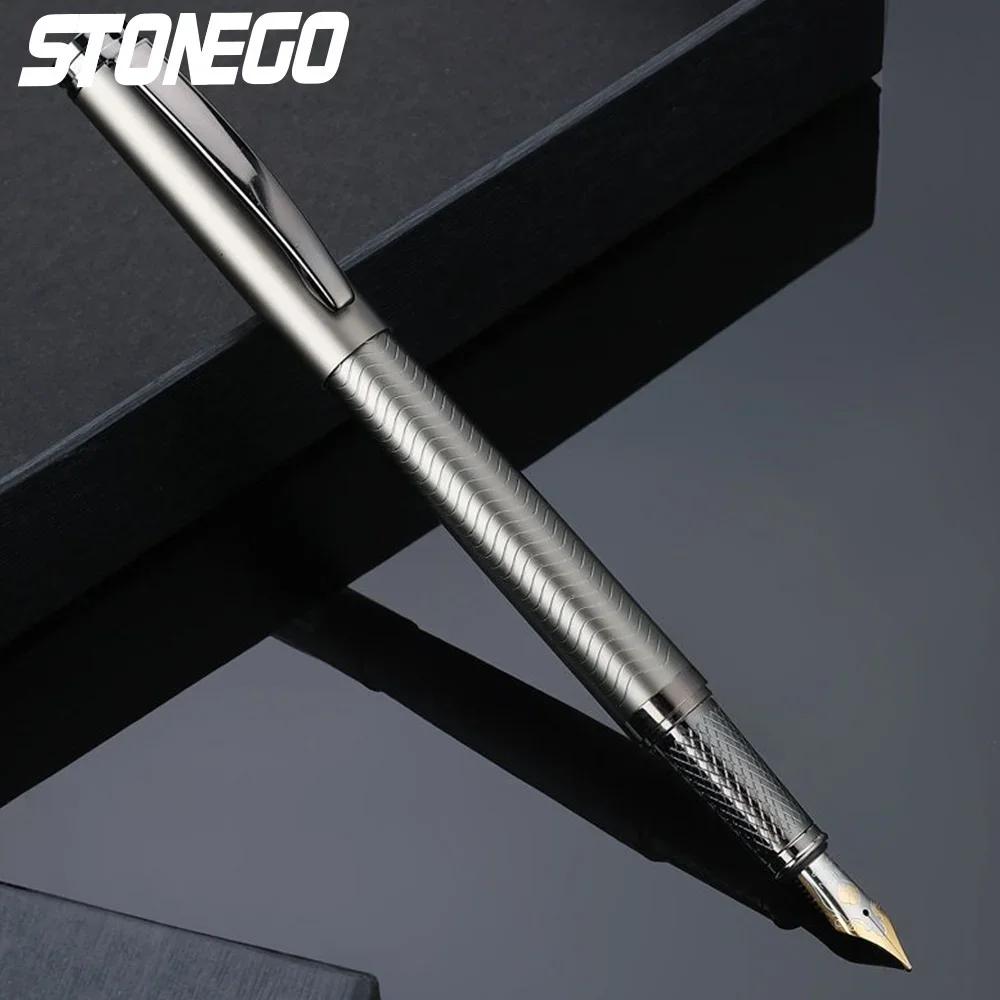 STONEGO 0.38mm Ultra Fine Tip Fountain Pen, Black Metallic Calligraphy Gift Pen with Ink Refill Converter, Executive Pen