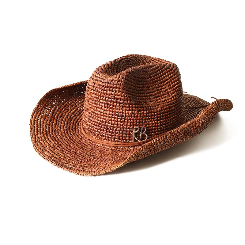 Handgehäkelter Western-Cowboyhut aus natürlichem Raffiastroh für Damen Herren Sommer Breiter Rand Sonnenhut Outdoor Atmungsaktiv Strand Panama