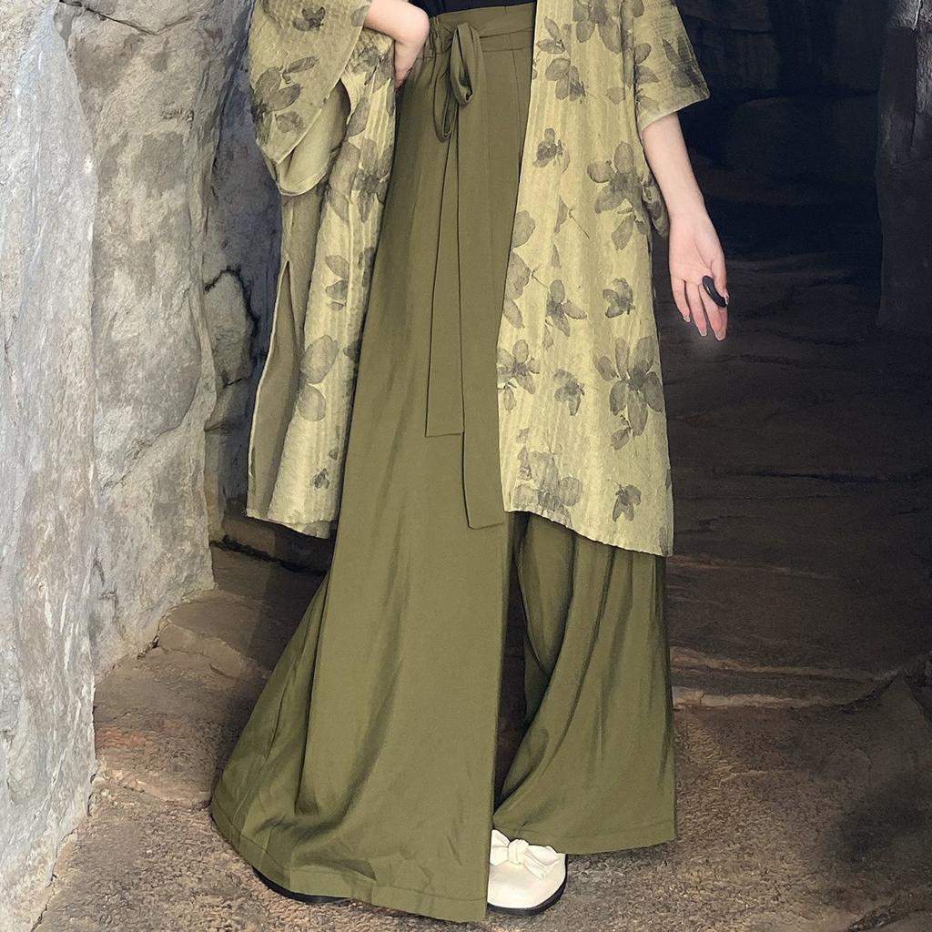 Women's 3-Piece Chinese Hanfu Set, Printed Open Front Cardigan & Wide Leg Song Pants, Zen Style Daily Wear Outfit