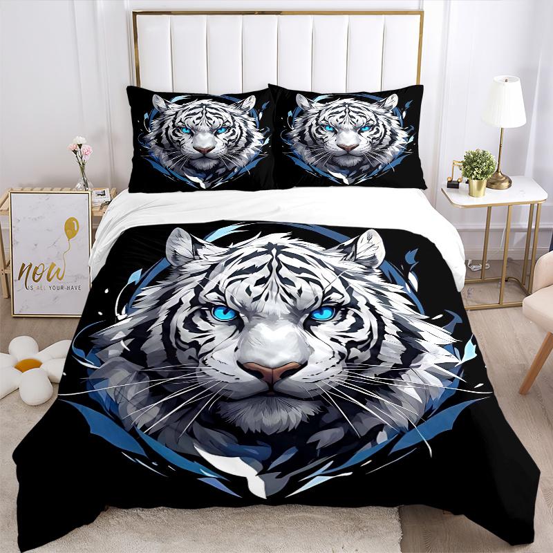 3pcs Blue Eyed White Tiger Bedding Set - Includes 1 Quilt Cover and 2 Pillowcases, Comfortable Bedding with Stylish Design for Bedroom, Mach
