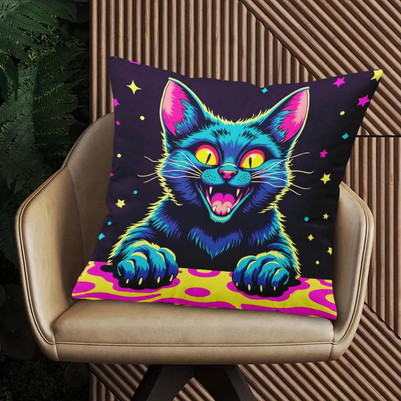 Neon Party Cat Pillow Cover 2D Printed Polyester Sofa Cushion Case – Vibrant Design For Home, Beach & Camping Decor