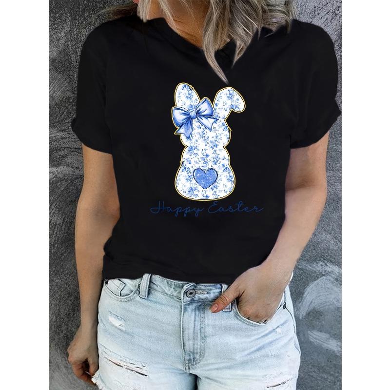 

Women Blue Floral Chinoiserie Bunny Print T-Shirt Crew Neck Short Sleeve Spring Summer Casual Top S чёрный