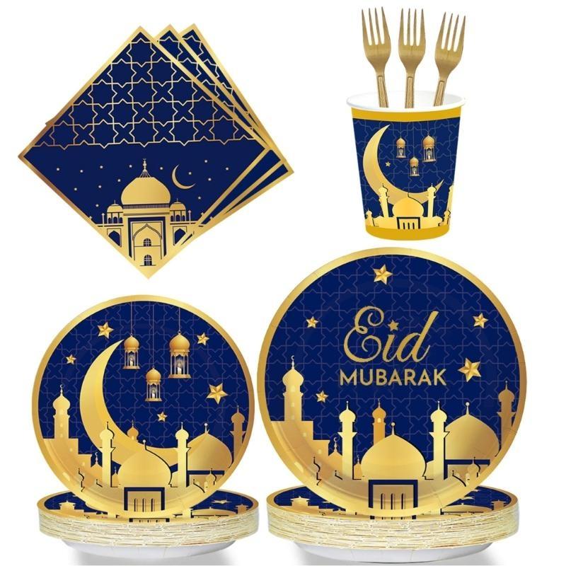Eid Festival Paper Plates Cups 2025 Ramadans Decoration Supplies for Muslim 1Set