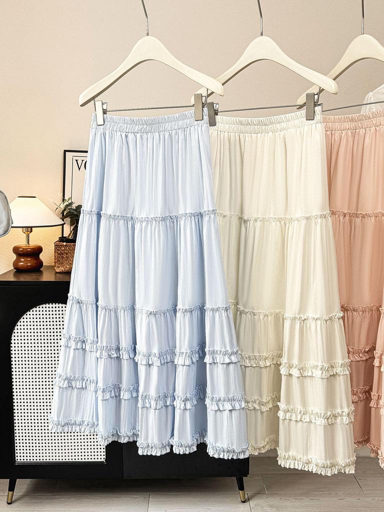 Korean-Style Black Layered Ruffled Lace Long Skirt - Women's Spring/Summer 2026