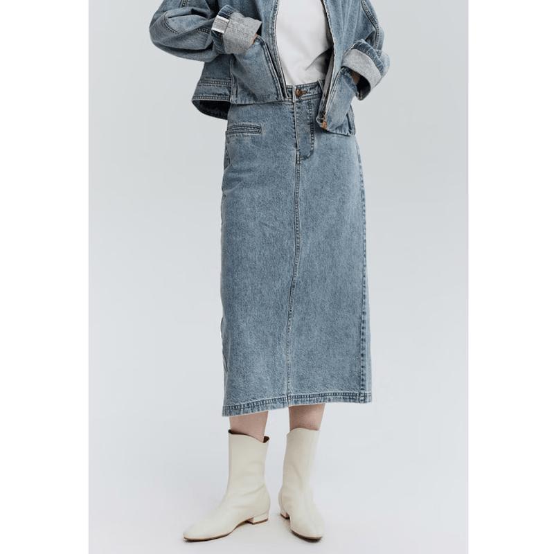 MONOVICH Women s Washed Denim Slit Midi Skirt S