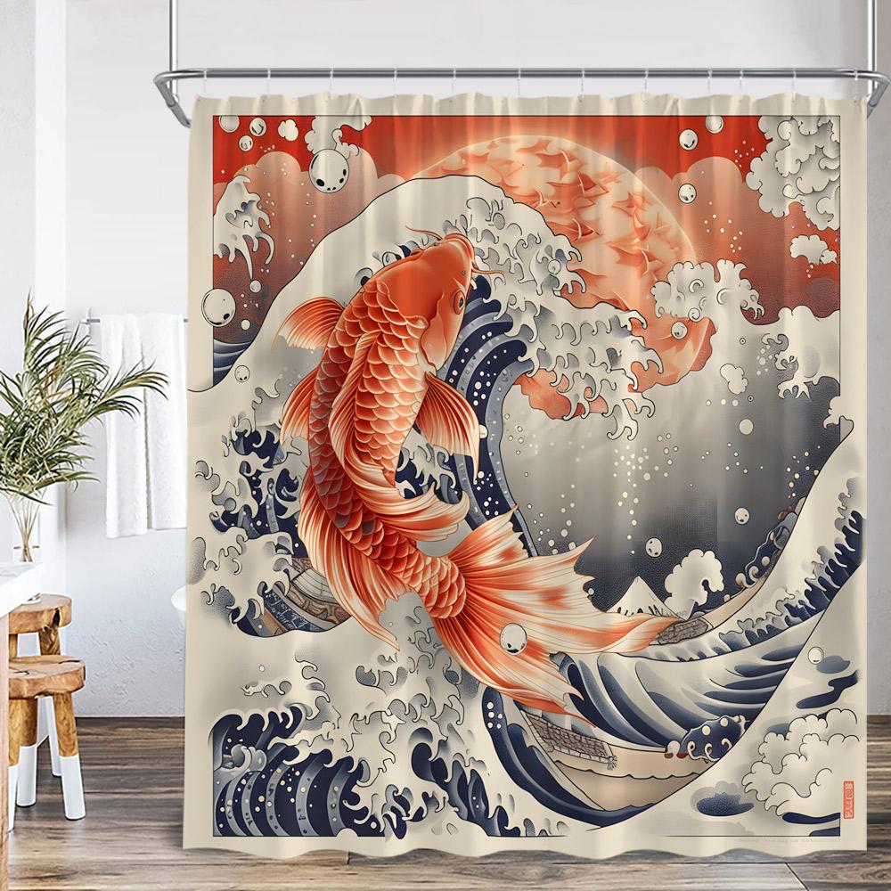 

Koi Japanese Shower Curtain Waves Red Sun Cherry Blossom Bless Luck Bathroom Decor Classical Polyester Bathtub Curtain With Hook W60H190(CM)-1 Pcs