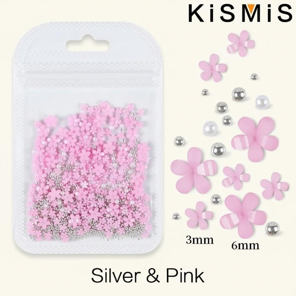 

200Pcs Multi-size White Flower Nail Resin Flower Acrylic Nail Art Decorations Gold Silver Beads срібні рожевого кольору