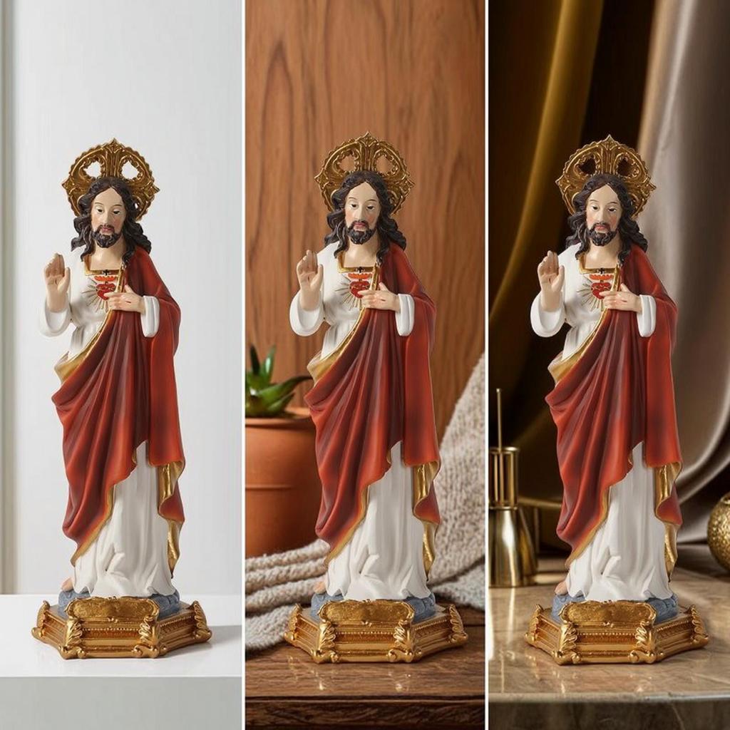 Religious Figurine Detailed with Golden Circlet Classical Resin Statue for Altar, Prayer