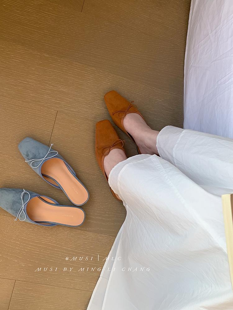 Women‘s Summer New Sandals Casual Slip on Lady Mules Butterfly-knot Comfort Slippers Square Toe Slingback Ladies Flat Sandals