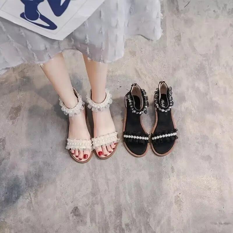 Fashion One Word Roman Style Zip Ladies Shoes Flat Rubber No Heel Pearl Outdoor Footwear White Open Toe Summer 2024 Sandals for Women H