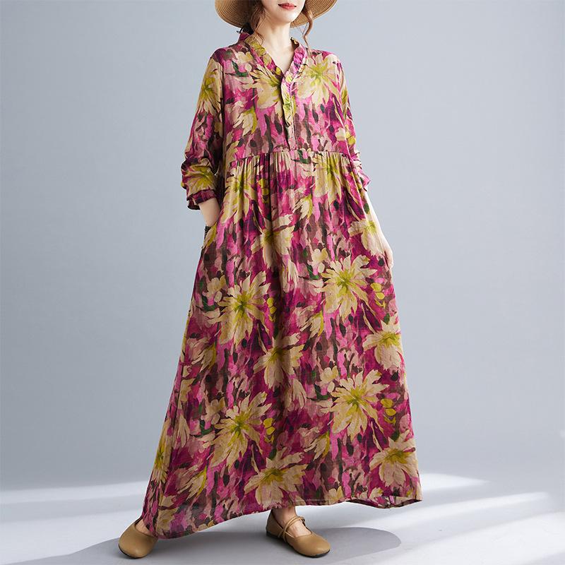 Early Autumn Bohemian Retro Cotton Linen Print Loose Sleeved Long Dress for Women Dresses