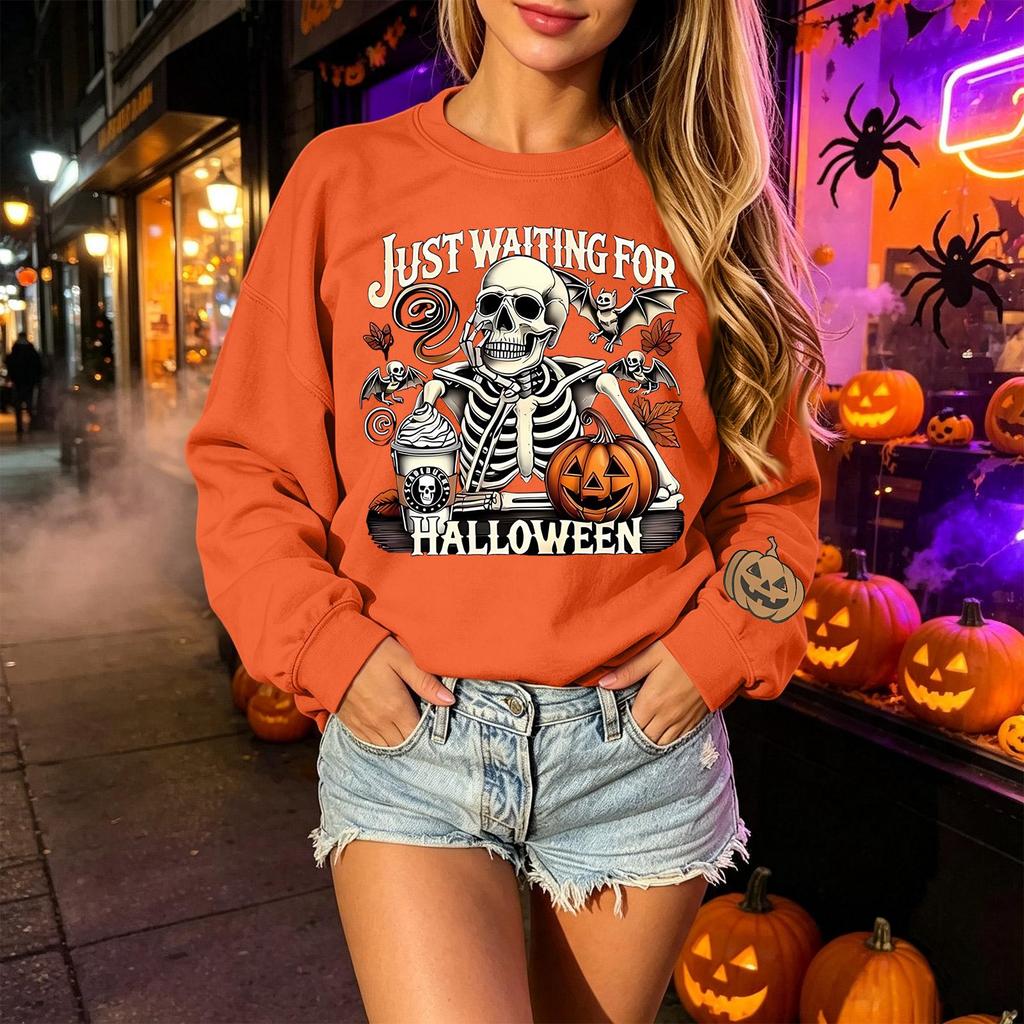 Unisex Halloween Print Lightweight Long Sleeve Neck Pullover Sweatshirt for Men and Women