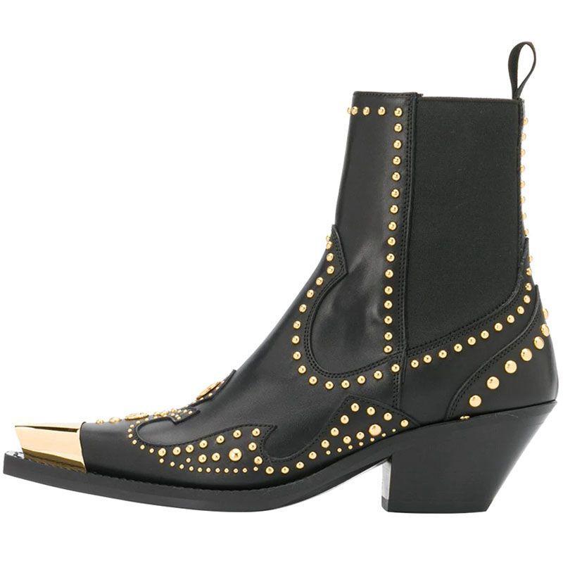 Fashion Brand Catwalk Rivet Cow Leather Short Boots Autumn Winter Retro Large35-45 Ankle Boots4cm Thick Heel Rock Night Club Women Shoes