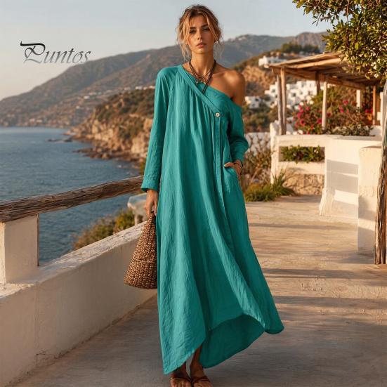 Mid-length Dress Summer Maxi for Women, Casual Loose One Shoulder Long Elegant Sleeve Dress, Flowy Beach Vacation Sundress wwith Pockets Versatile