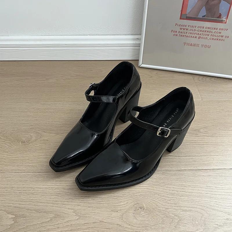 Fashion Black Pointed Thick High Heels Women's Shoes New Spring Retro Mary Jane Shallow Mouth Heels Women Belt Buckle Single Pumps Shoes