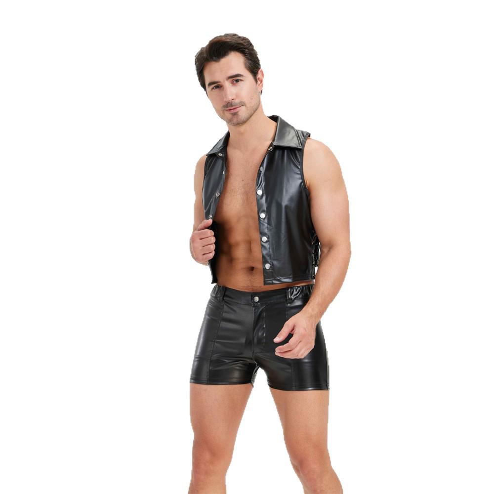 European & American Men's Patent Leather Vest and Shorts Set for Nightclub Performance